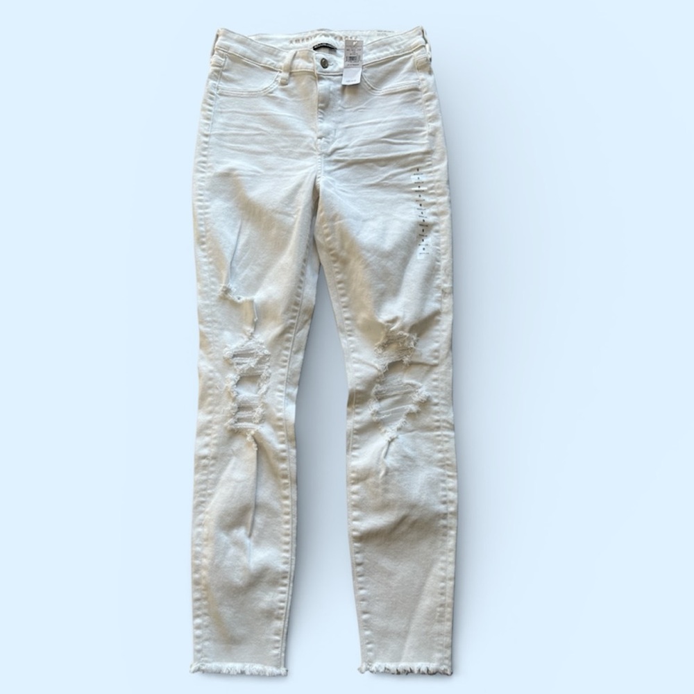American Eagle Hi-Rise Jegging White Distressed Raw Hem Jeans NWT‎ Size 8